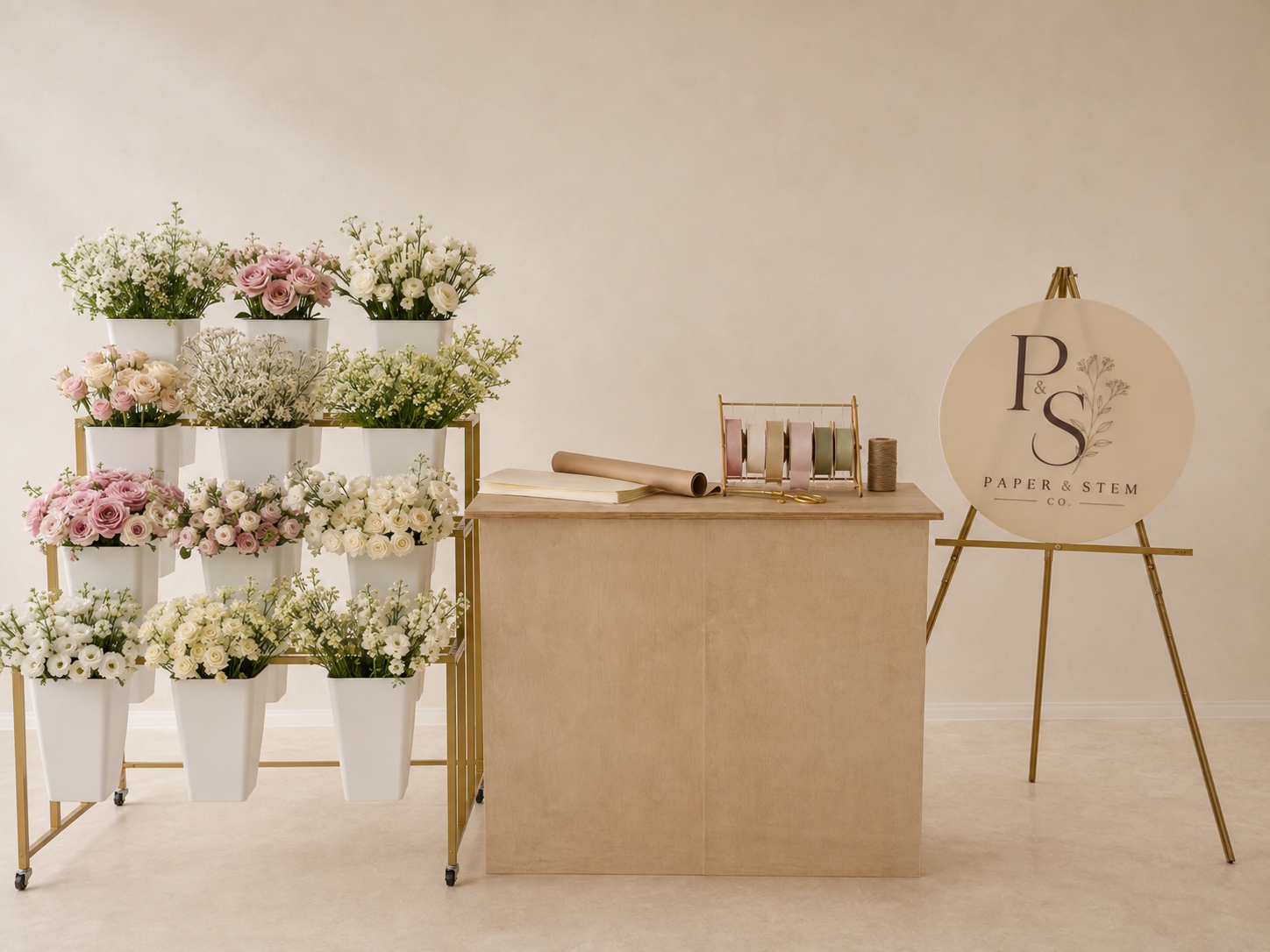 Paper & Stem Co. Bloom Bar with a four-tier flower cart, wrapping station, ribbon, and branded sign