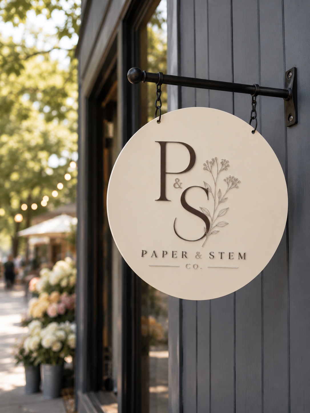 Paper & Stem Co. sign hanging outside a flower-filled storefront